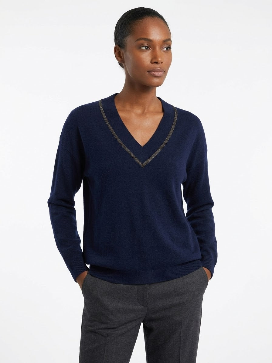 Maglia Scollo V con Profili in Monile in Cashmere