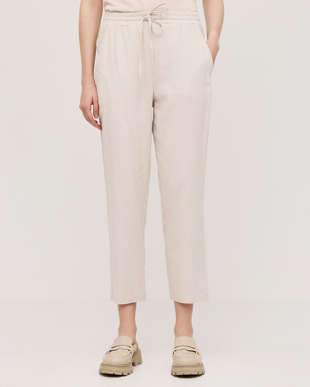 Pantaloni con cintura elastica effetto lino