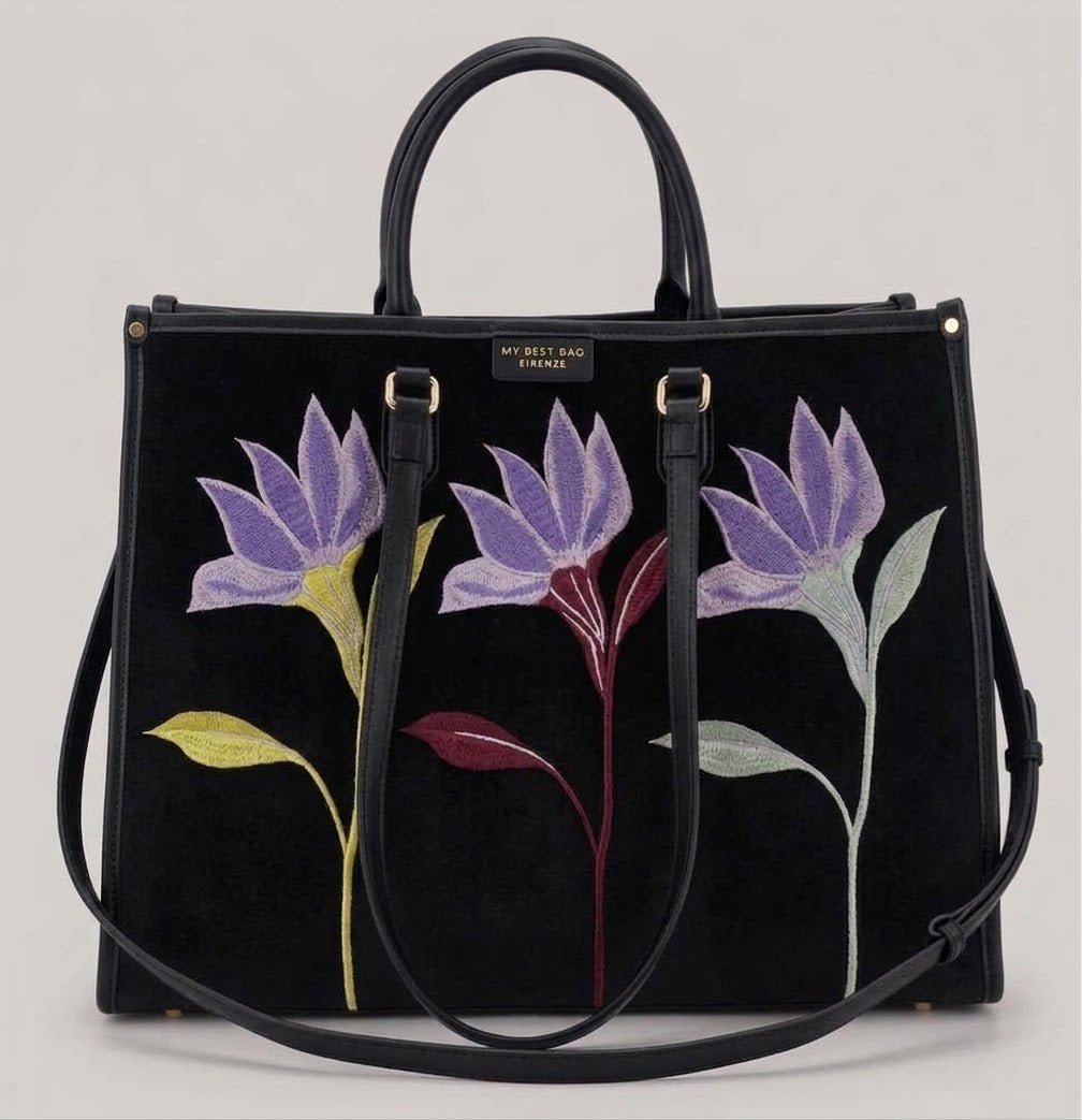 Borsa Grande in Pelle e Velluto con Ricamo e con Tracolla Sganciabile