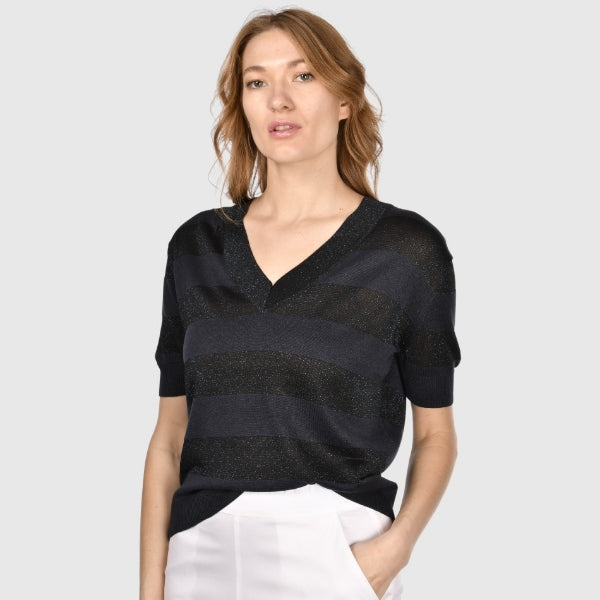 T-shirt in maglia a righe scollo v seta e cotone