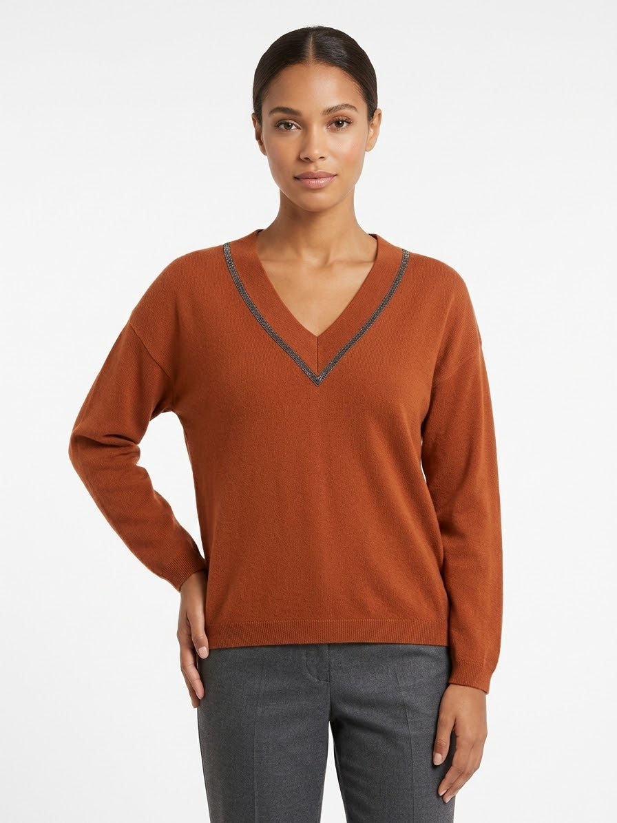 Maglia Scollo V con Profili in Monile in Cashmere