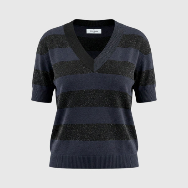 T-shirt in maglia a righe scollo v seta e cotone