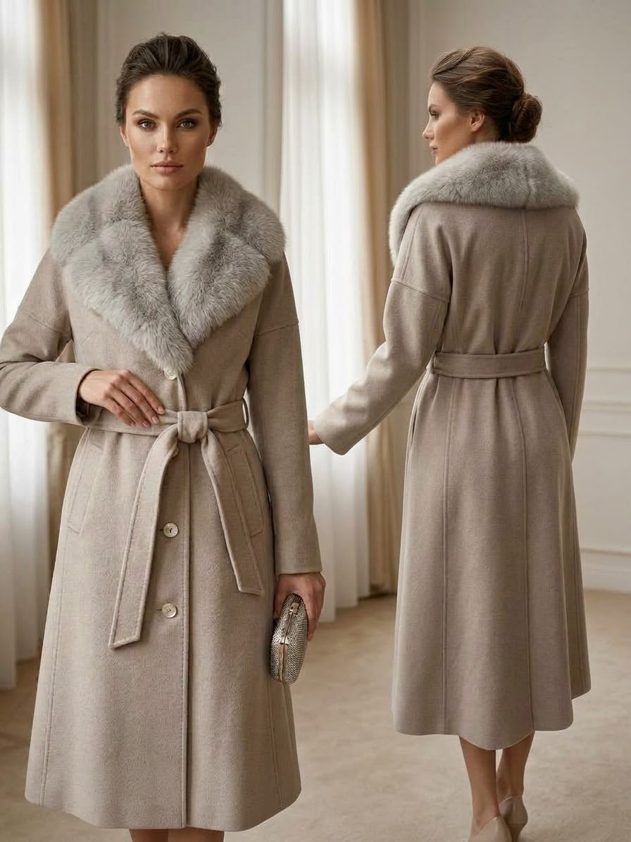Cappotto con Cintura in Lana e Cashmere e Cincillà