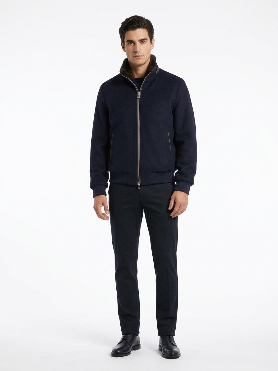 Bomber in Tessuto Loro Piana Green Storm System, con Collo Removibile