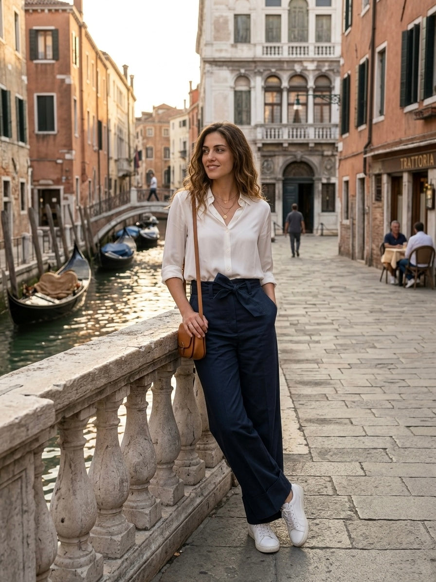 Pantaloni Morbidi In Cotone Con Maxi Risvolto