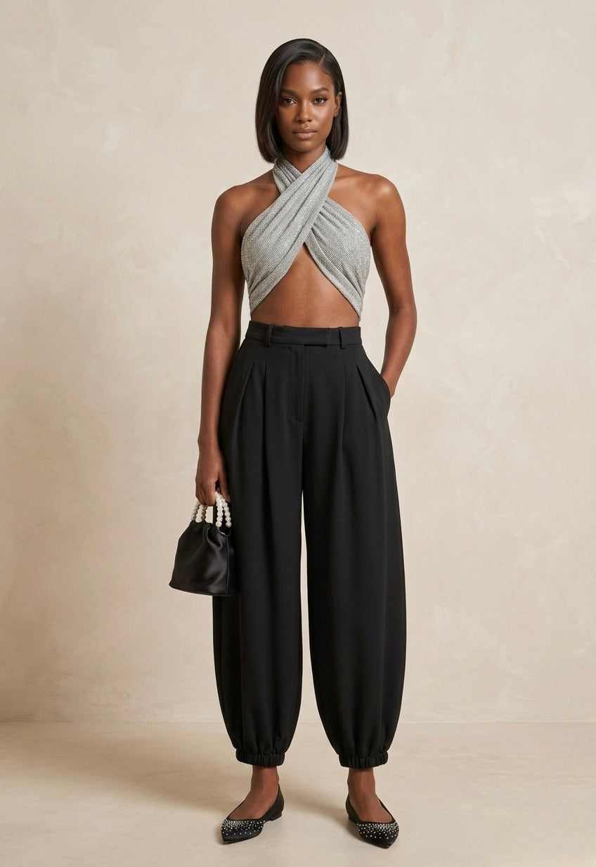 Top Incrociato In Licra Con Microstrass