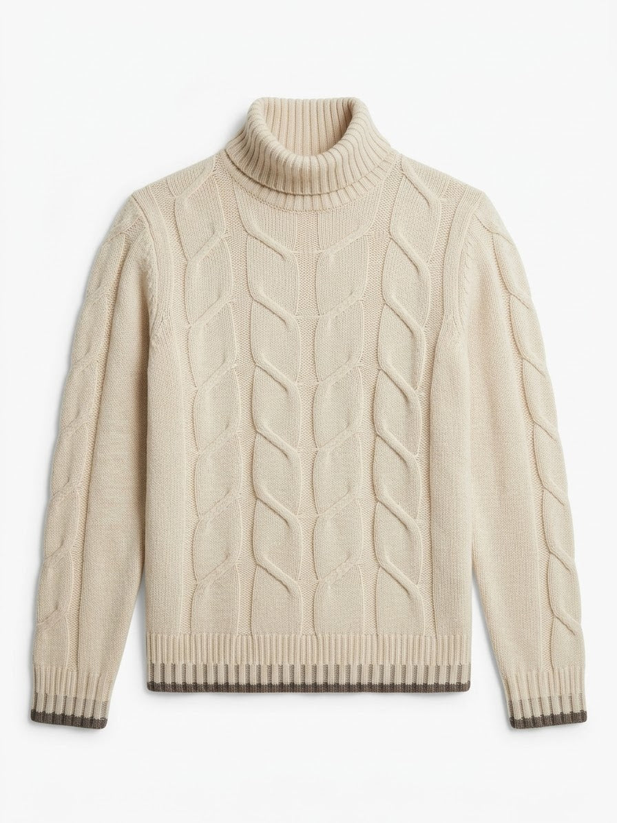 Maglione Collo Alto a treccia con Profili a Contrasto