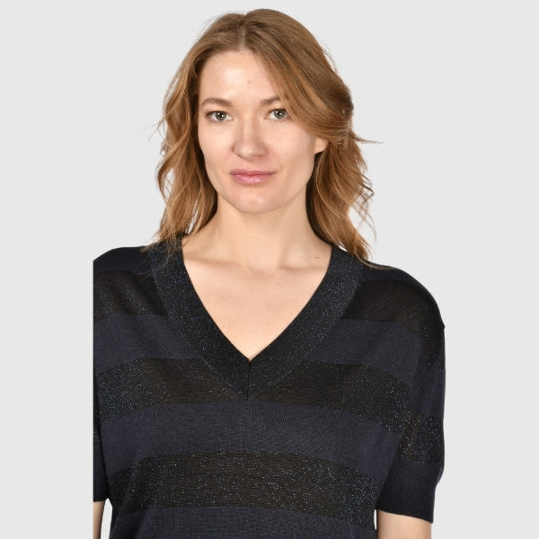 T-shirt in maglia a righe scollo v seta e cotone