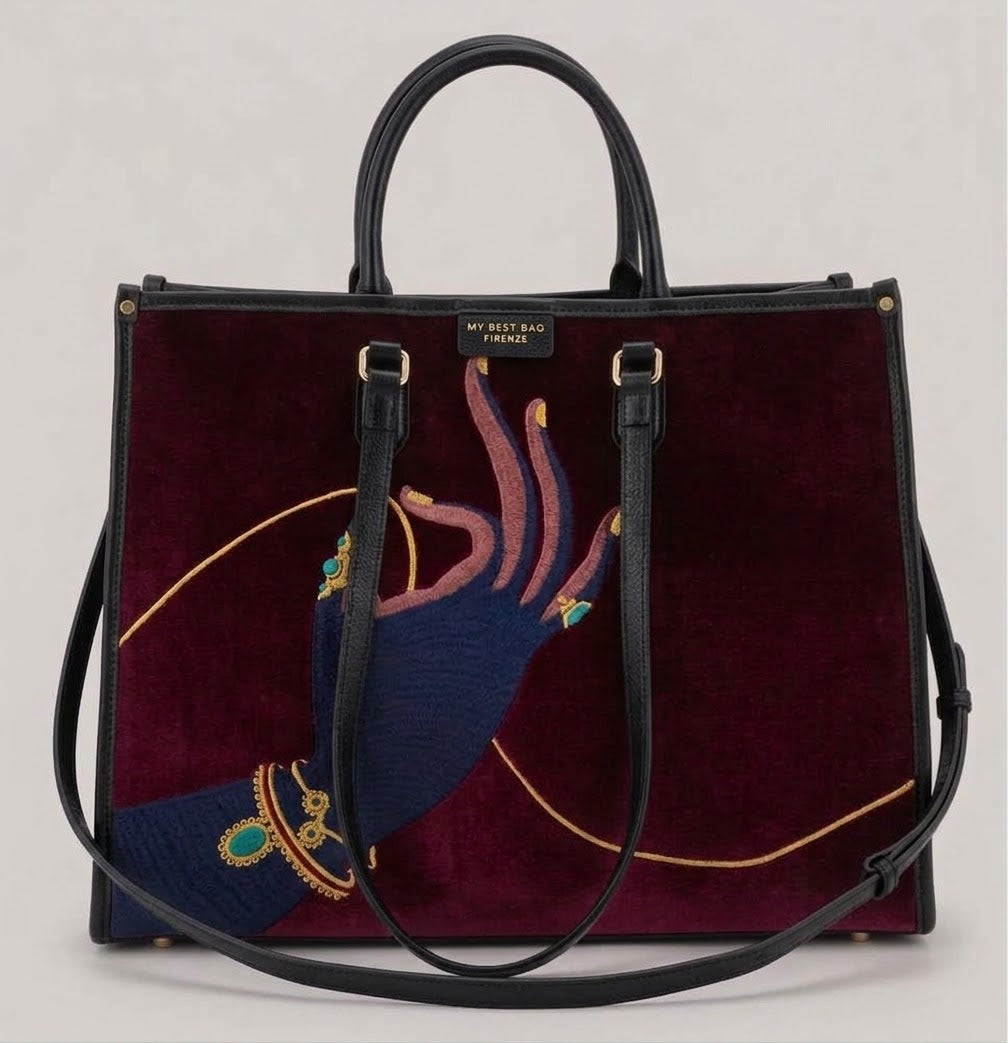 Borsa Grande in Pelle e Velluto con Ricamo