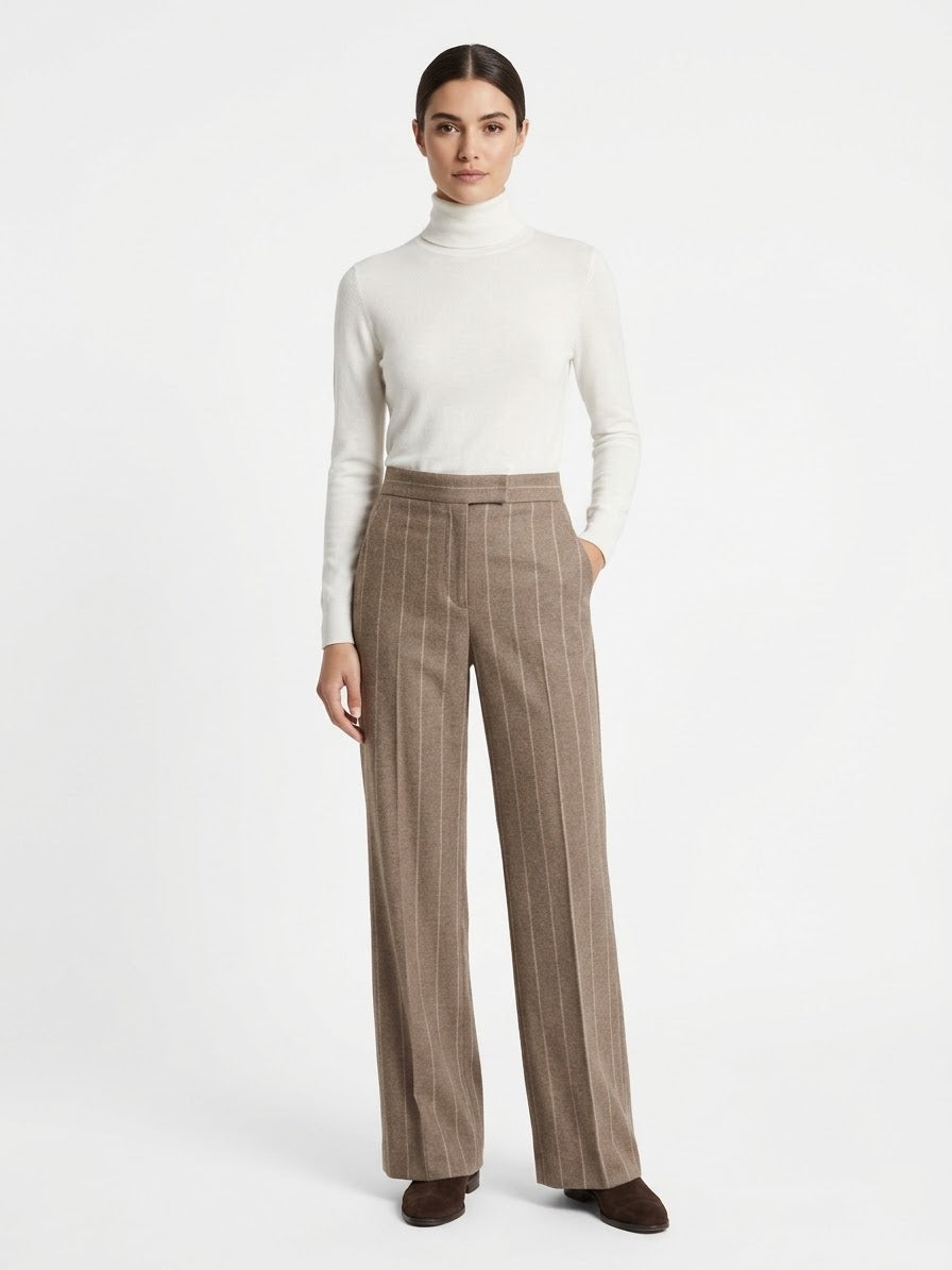 Pantalone Gamba Larga Gessato in Flanella