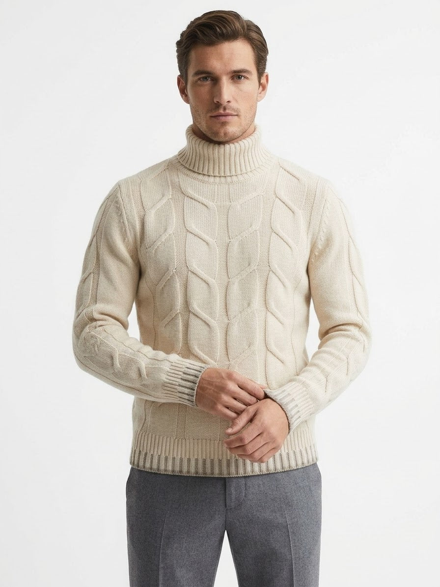 Maglione Collo Alto a treccia con Profili a Contrasto