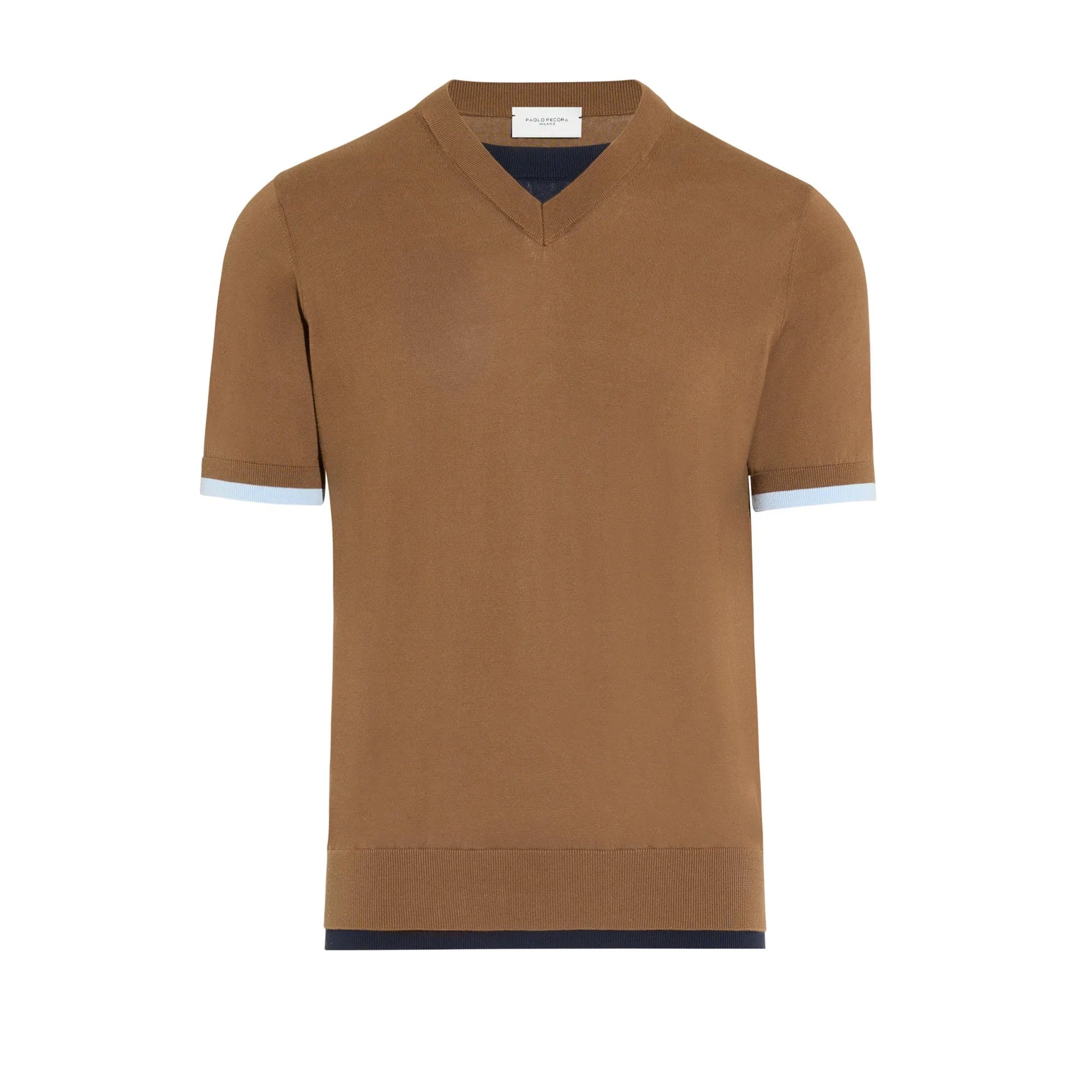 Maglia Scollo V in Cotone Con Profili a Contrasto