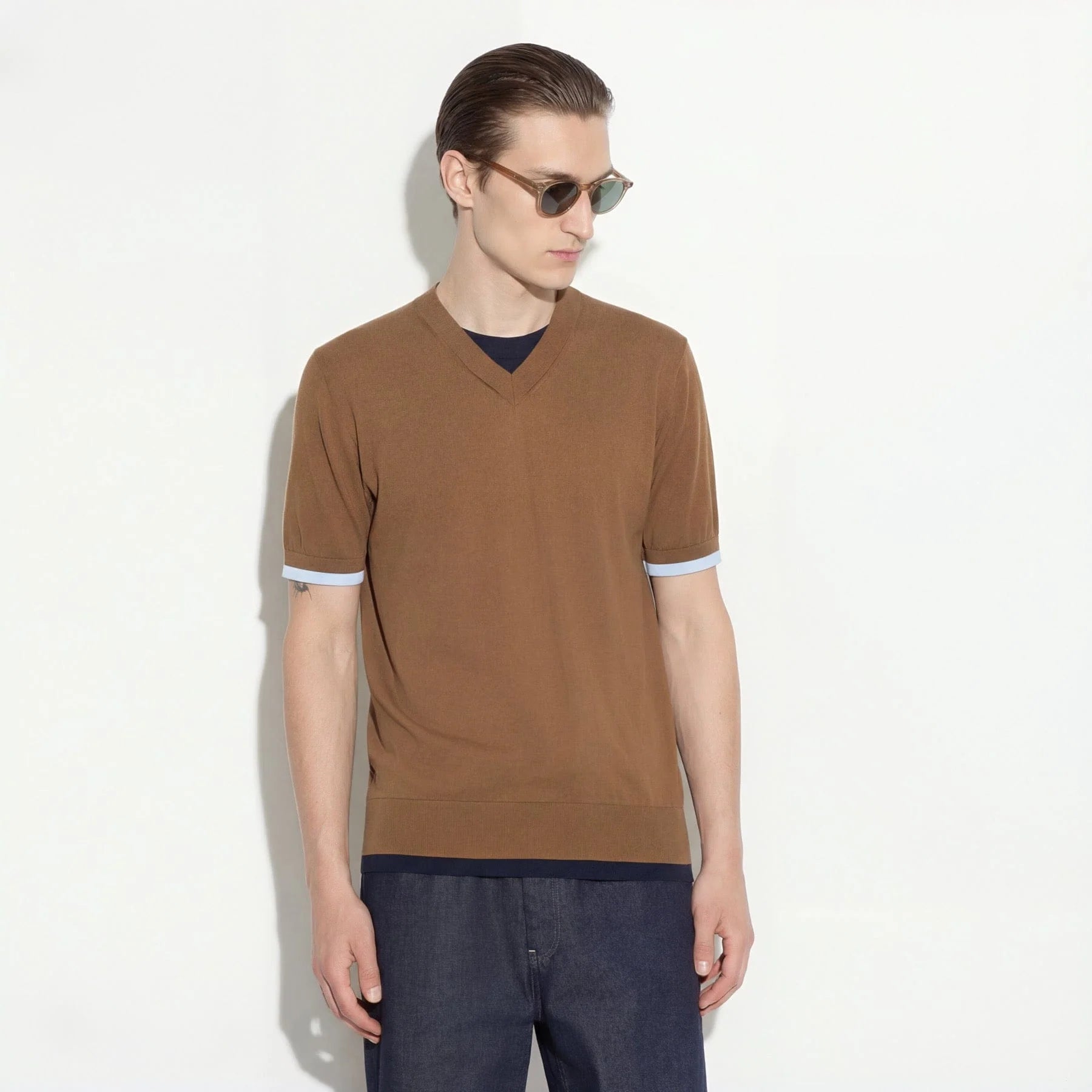 Maglia Scollo V in Cotone Con Profili a Contrasto