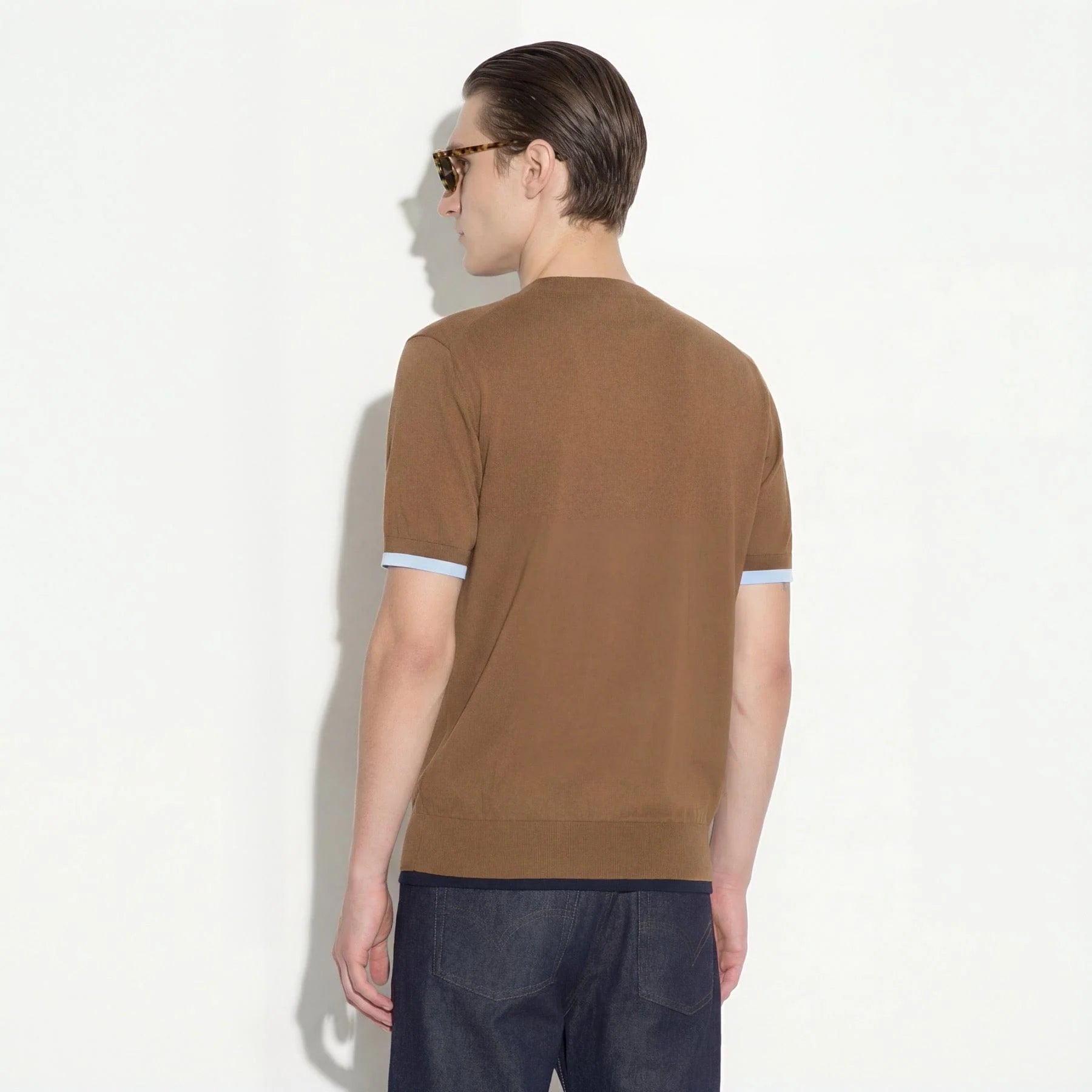 Maglia Scollo V in Cotone Con Profili a Contrasto