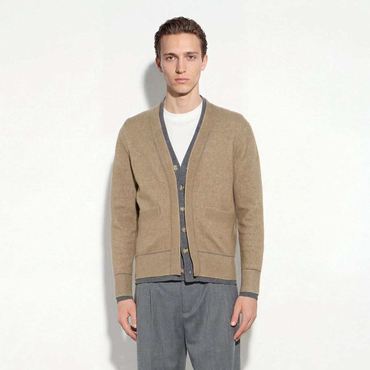 Maglia Cardigan Bicolore in Misto Lana e Alpaca