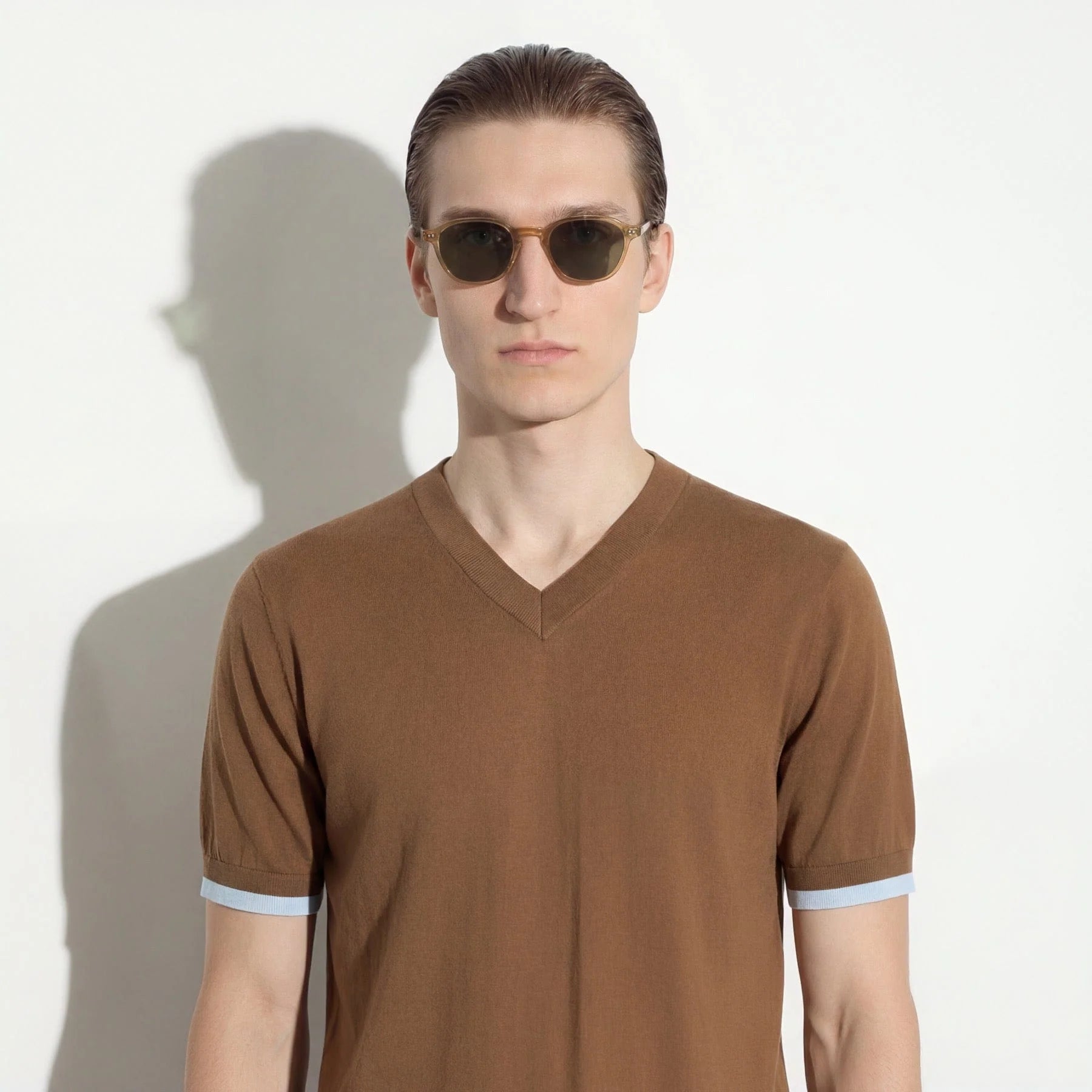 Maglia Scollo V in Cotone Con Profili a Contrasto