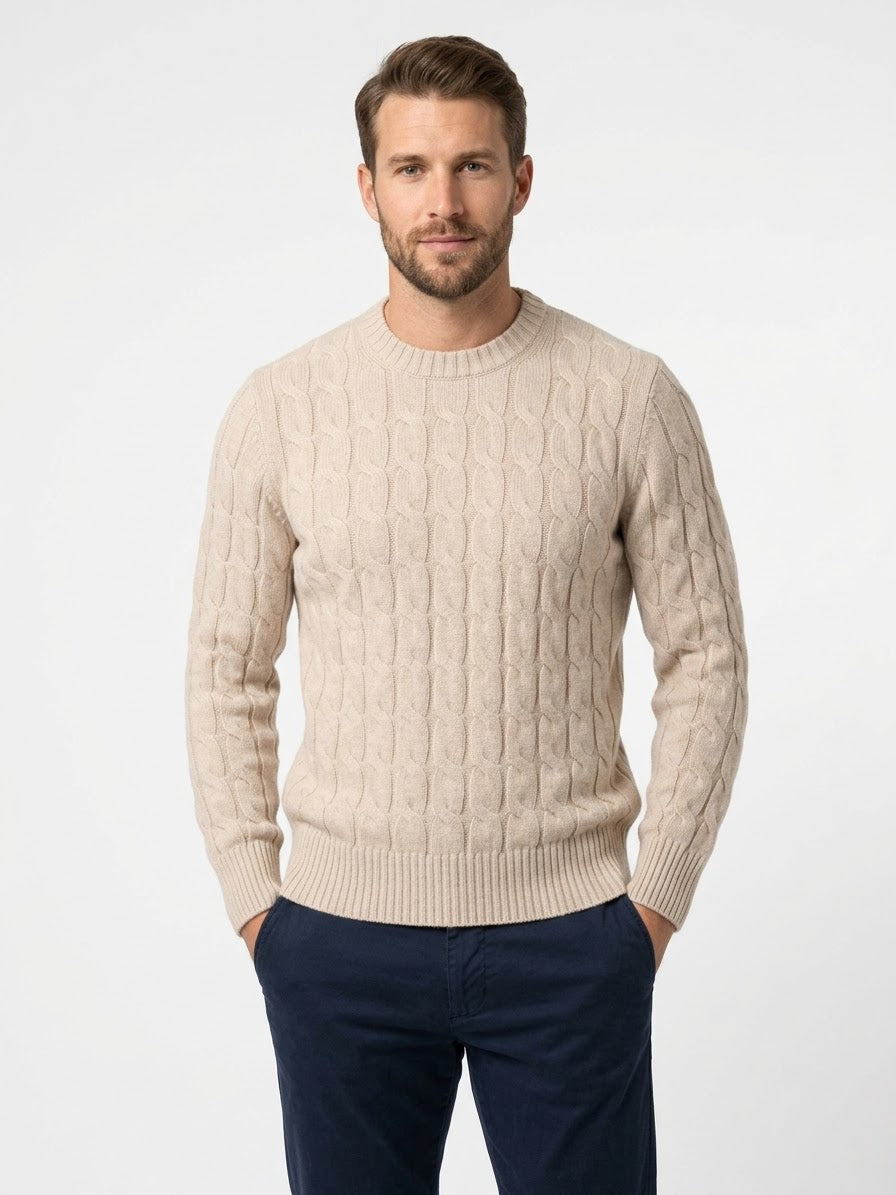 Maglione Girocollo a Treccia in Lana e Cashmere