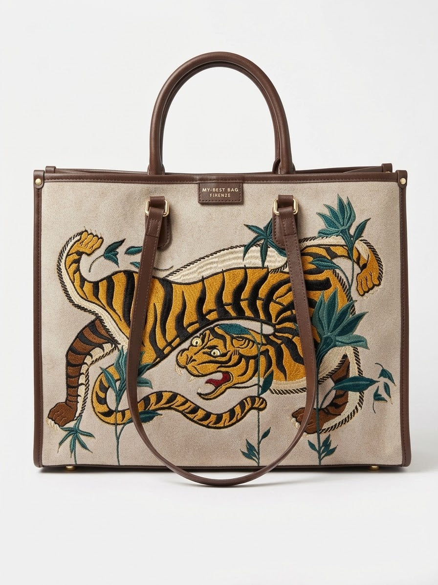 Borsa Grande in Pelle e Velluto con Ricamo e con Tracolla Sganciabile