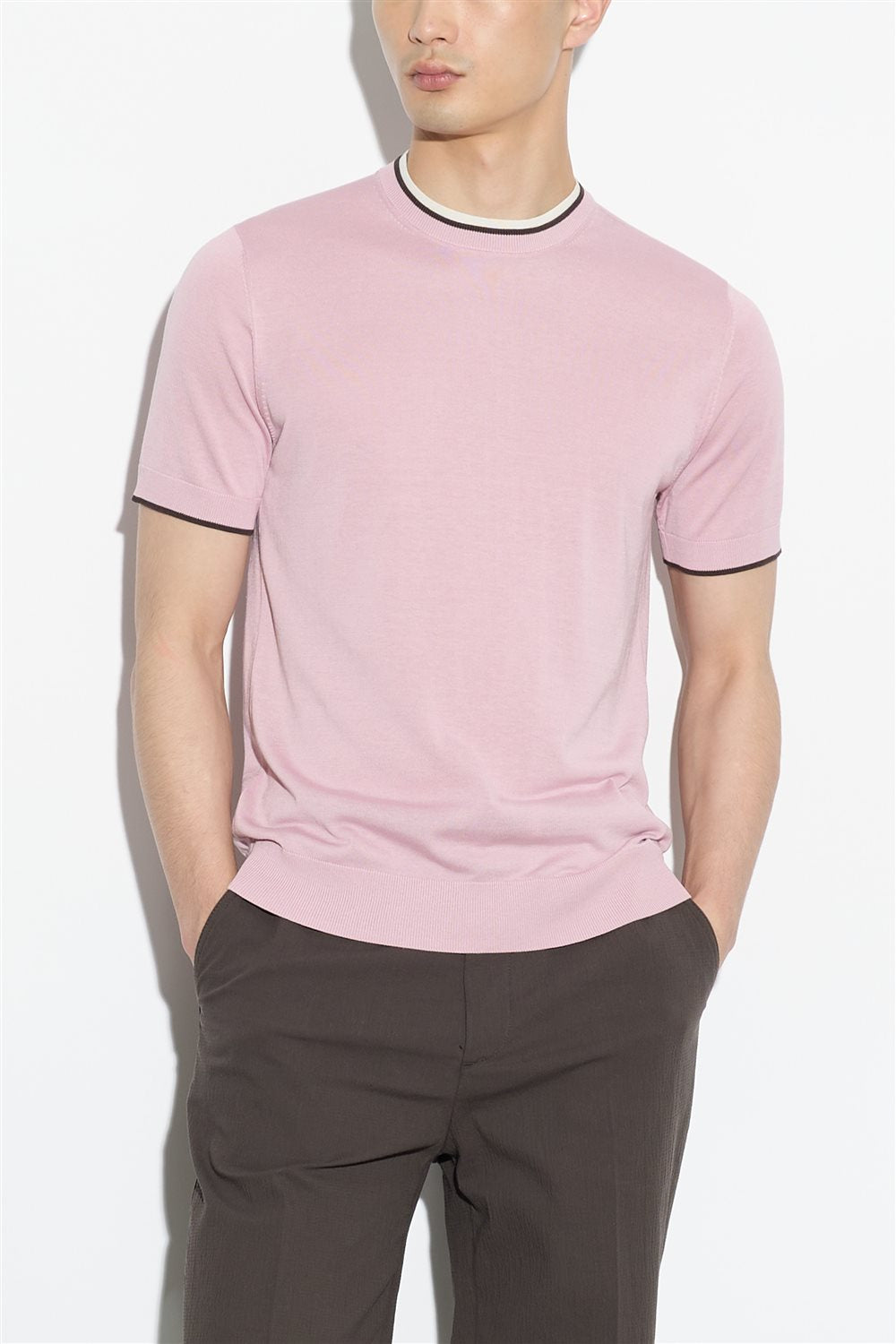 Maglia Girocollo In Filo Con Profili a Contrasto In Seta