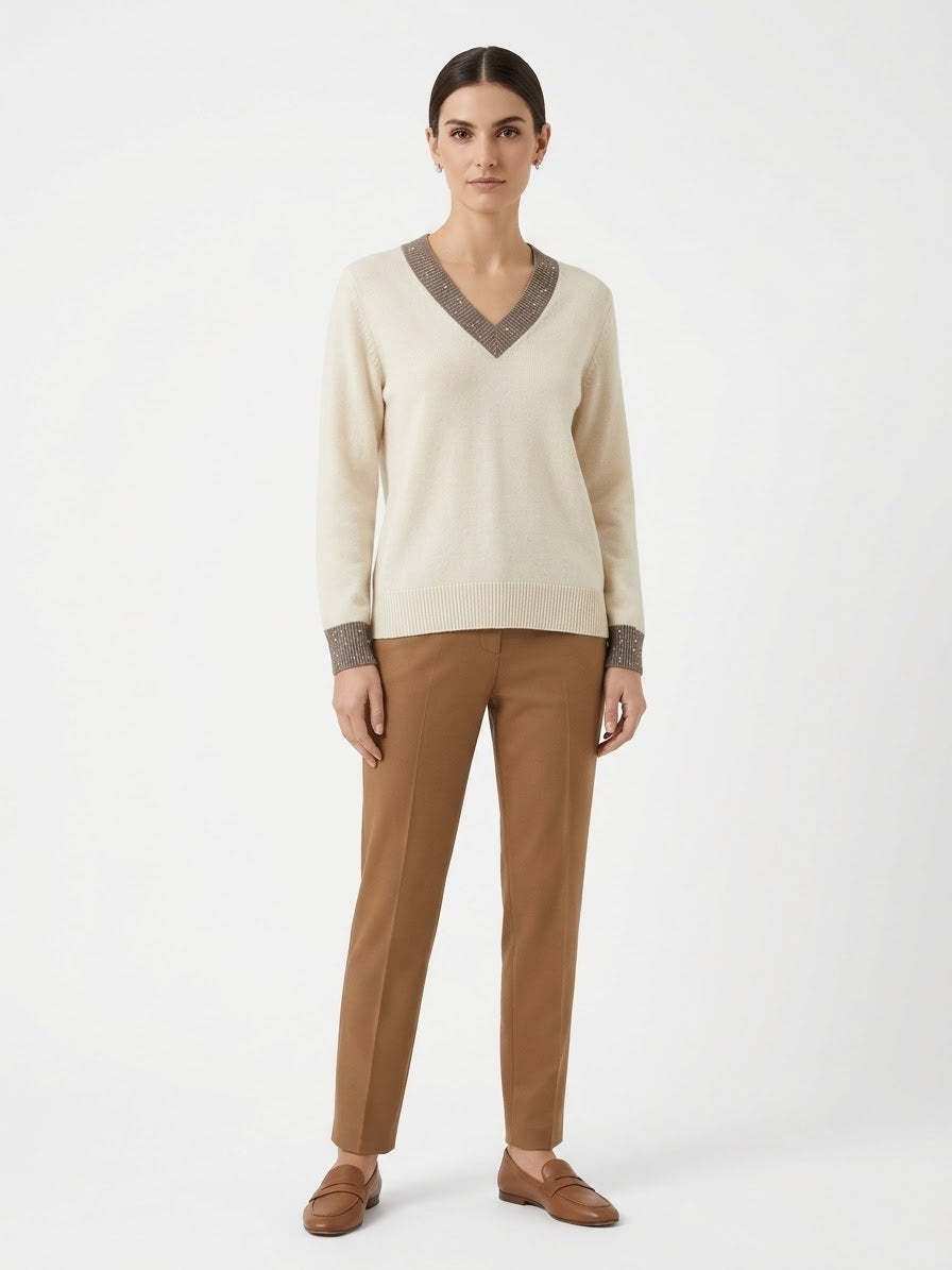Maglia Scollo V con Profili in Paillettes in Cashmere