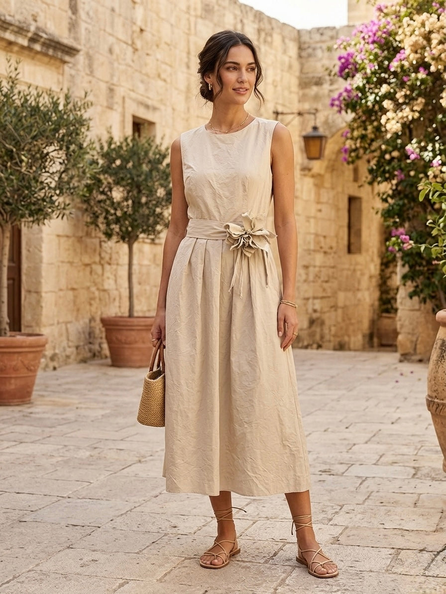 Abito Midi Con Cintura Con Applique Fiore