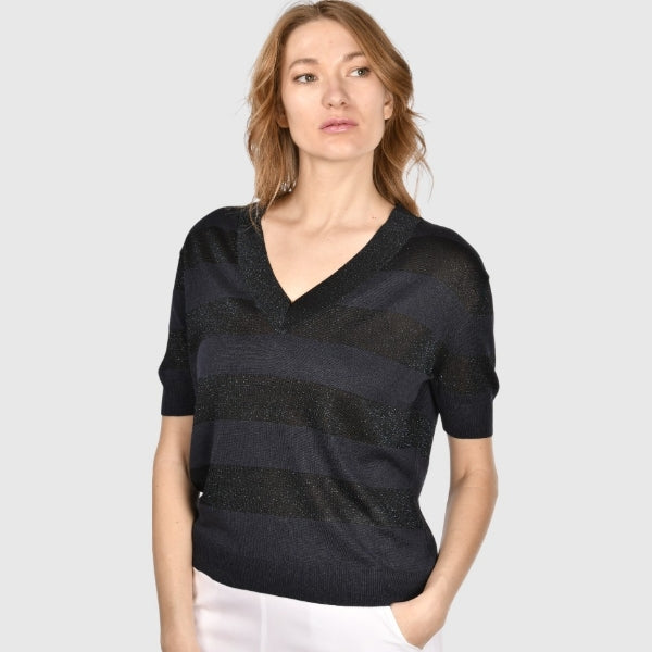 T-shirt in maglia a righe scollo v seta e cotone