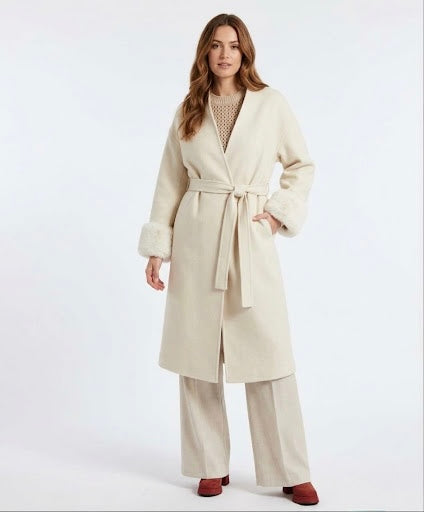 Cappotto Lana e Cashmere con Cintura e Polsi in Visone