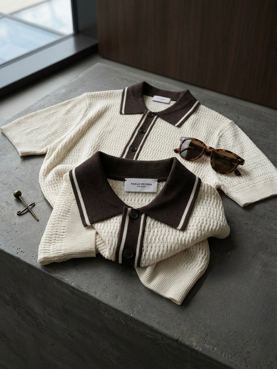 Polo In Seta Traforata Con Profili a Contrasto