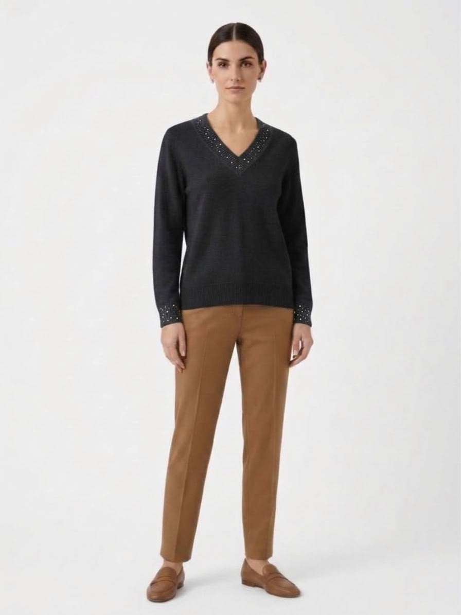 Maglia Scollo V con Profili in Paillettes in Cashmere