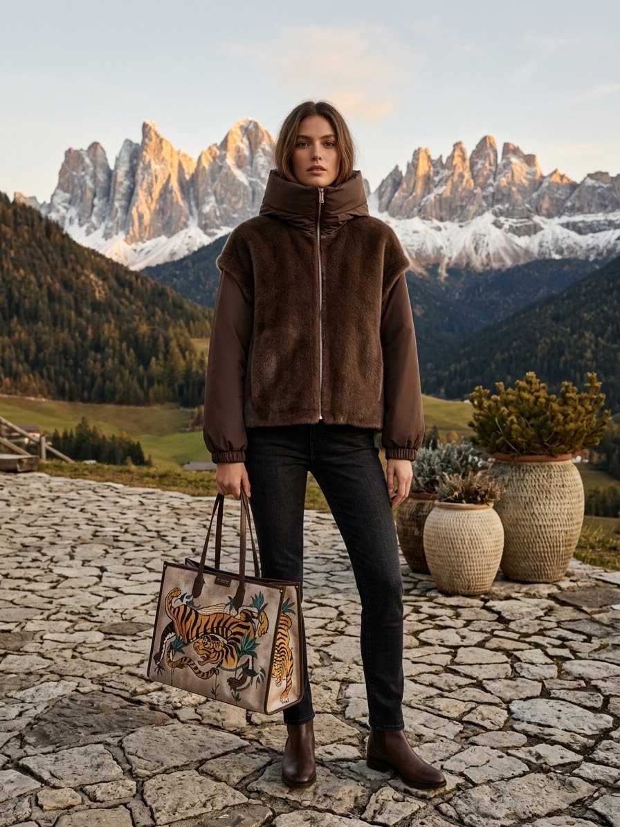 Giubbotto in Eco-Pelliccia Con Cappuccio