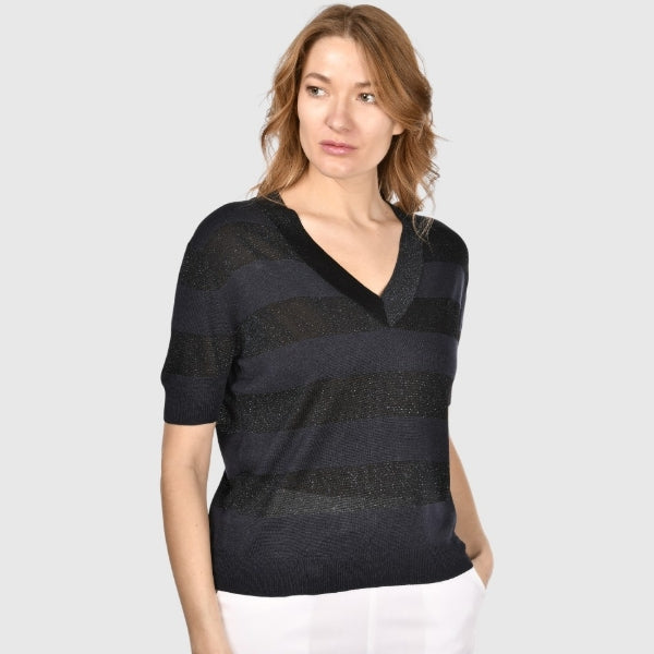 T-shirt in maglia a righe scollo v seta e cotone