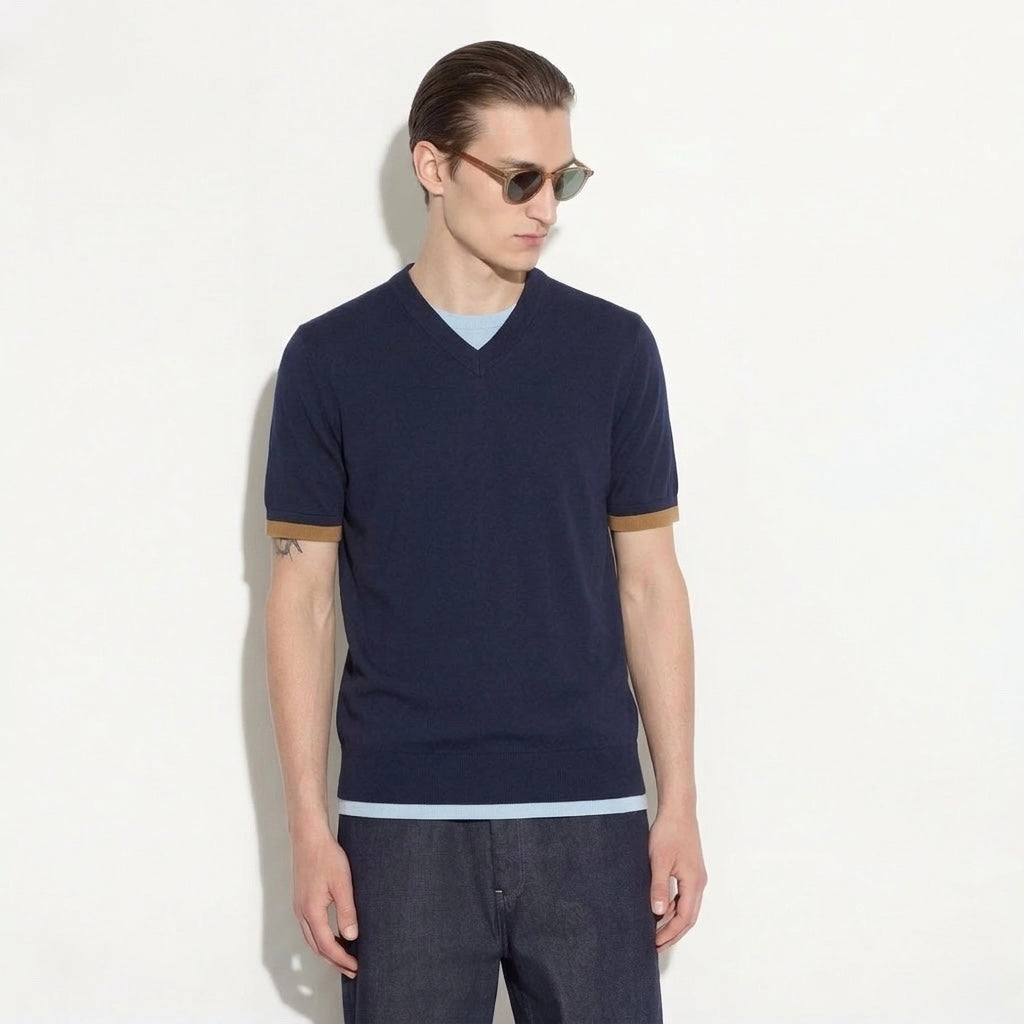 Maglia   Scollo V in Cotone Con Profili a Contrasto