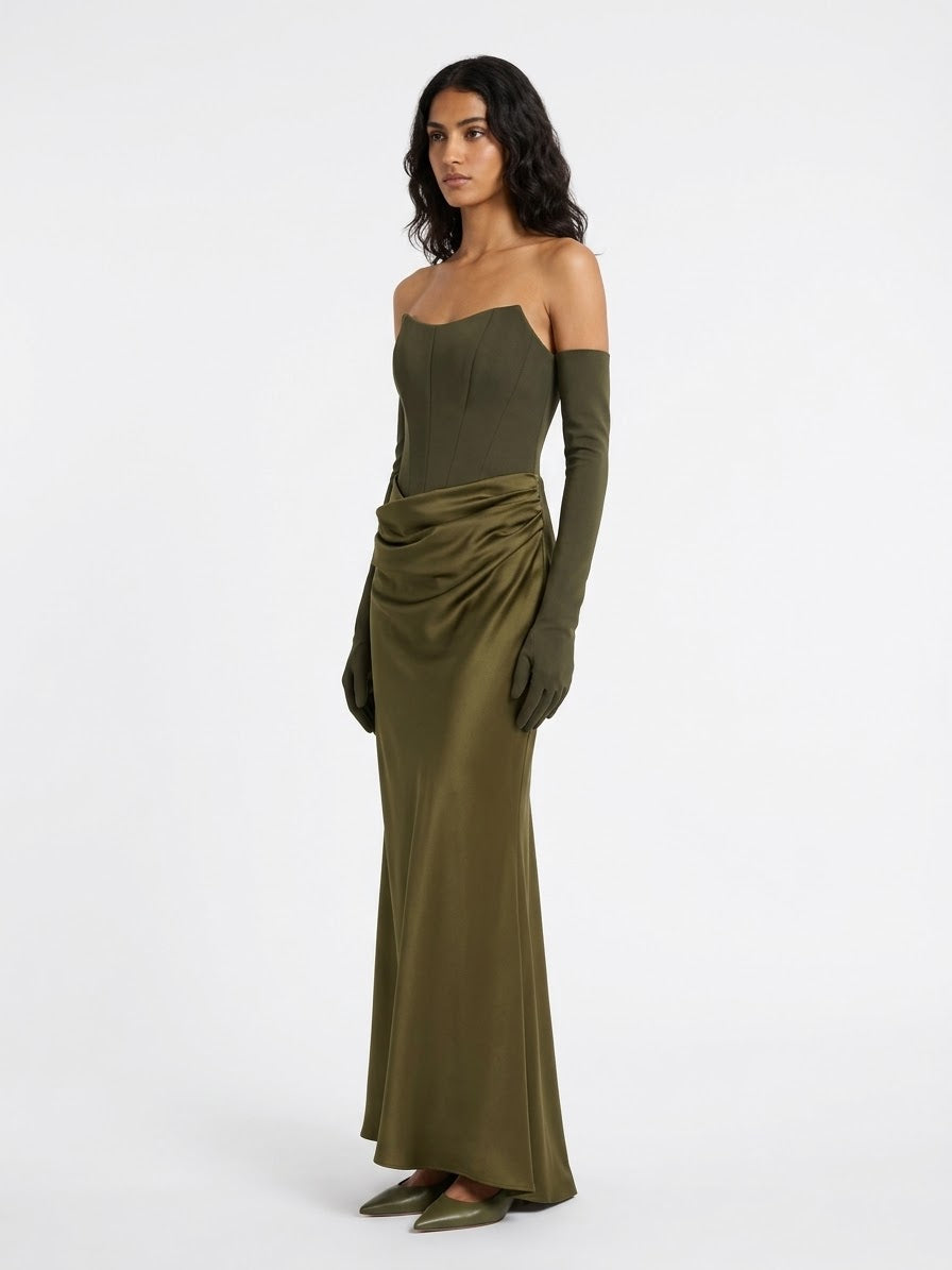 Abito Bustier Con Drappeggio In Satine e Maniche Removibili