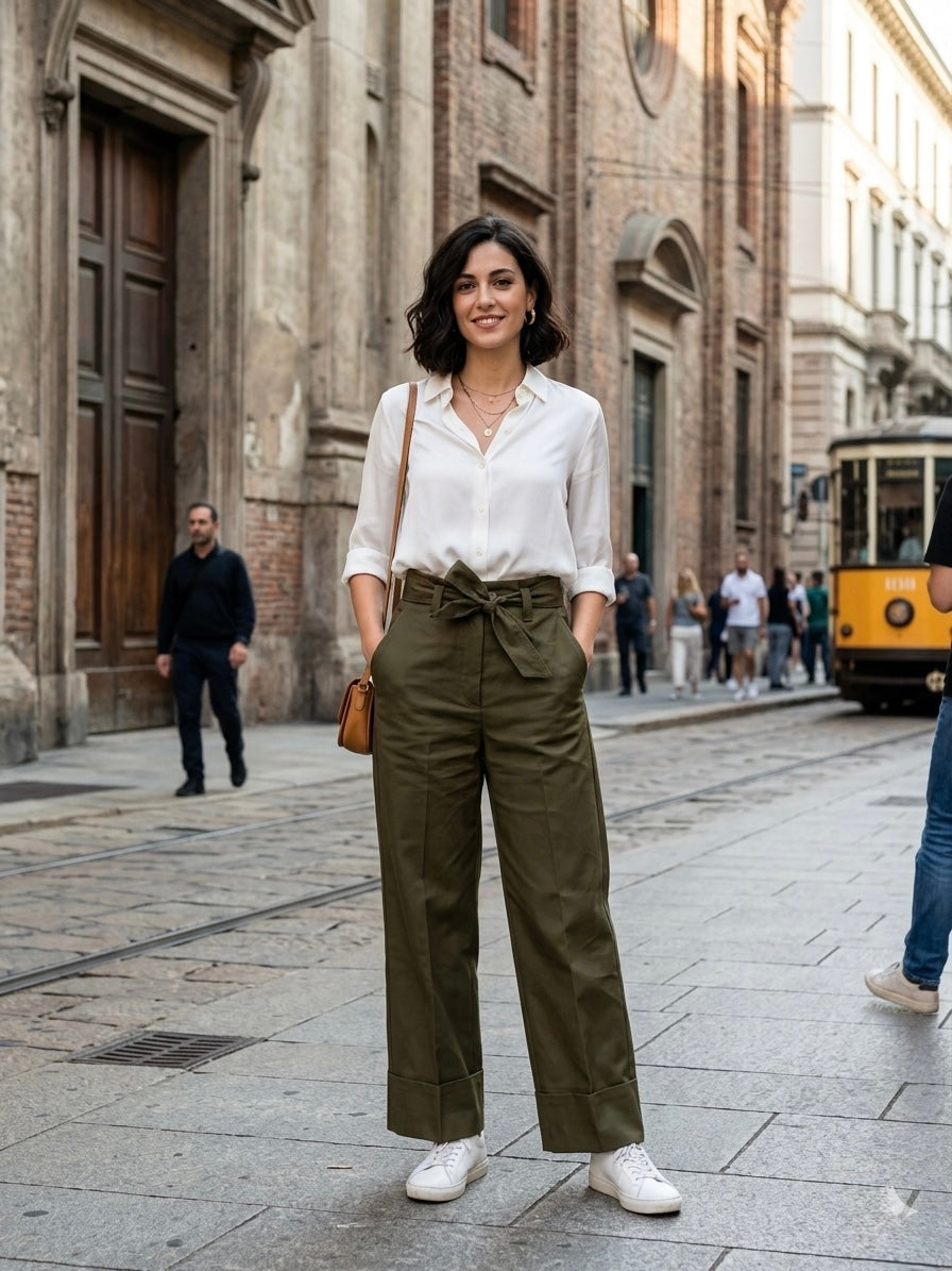 Pantaloni Morbidi In Cotone Con Maxi Risvolto
