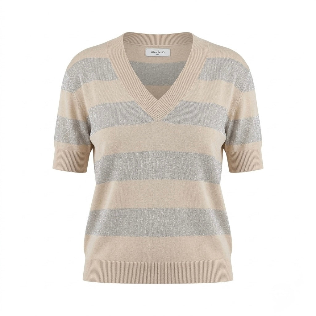 T-shirt in maglia a righe scollo v seta e cotone