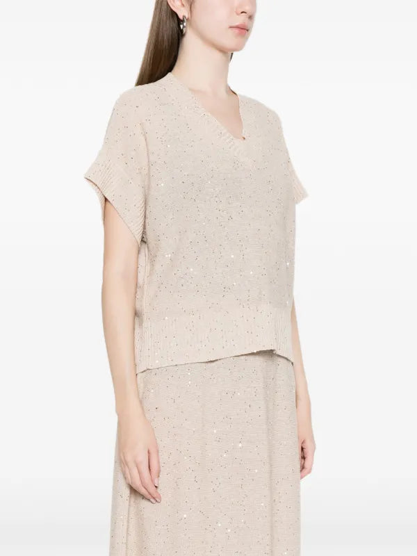 Maglia In Filo Cotone e Lino Con Scollo V