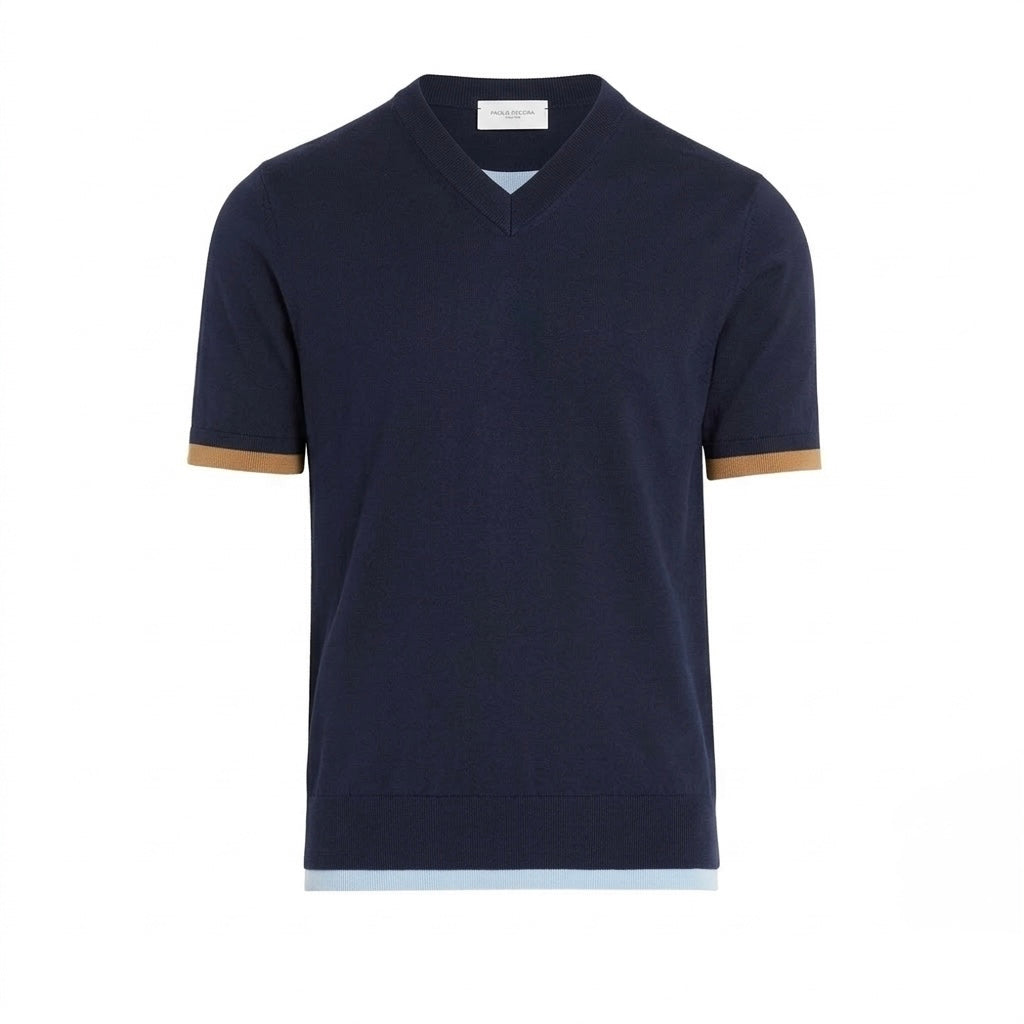 Maglia   Scollo V in Cotone Con Profili a Contrasto