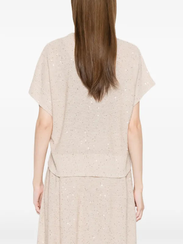 Maglia In Filo Cotone e Lino Con Scollo V