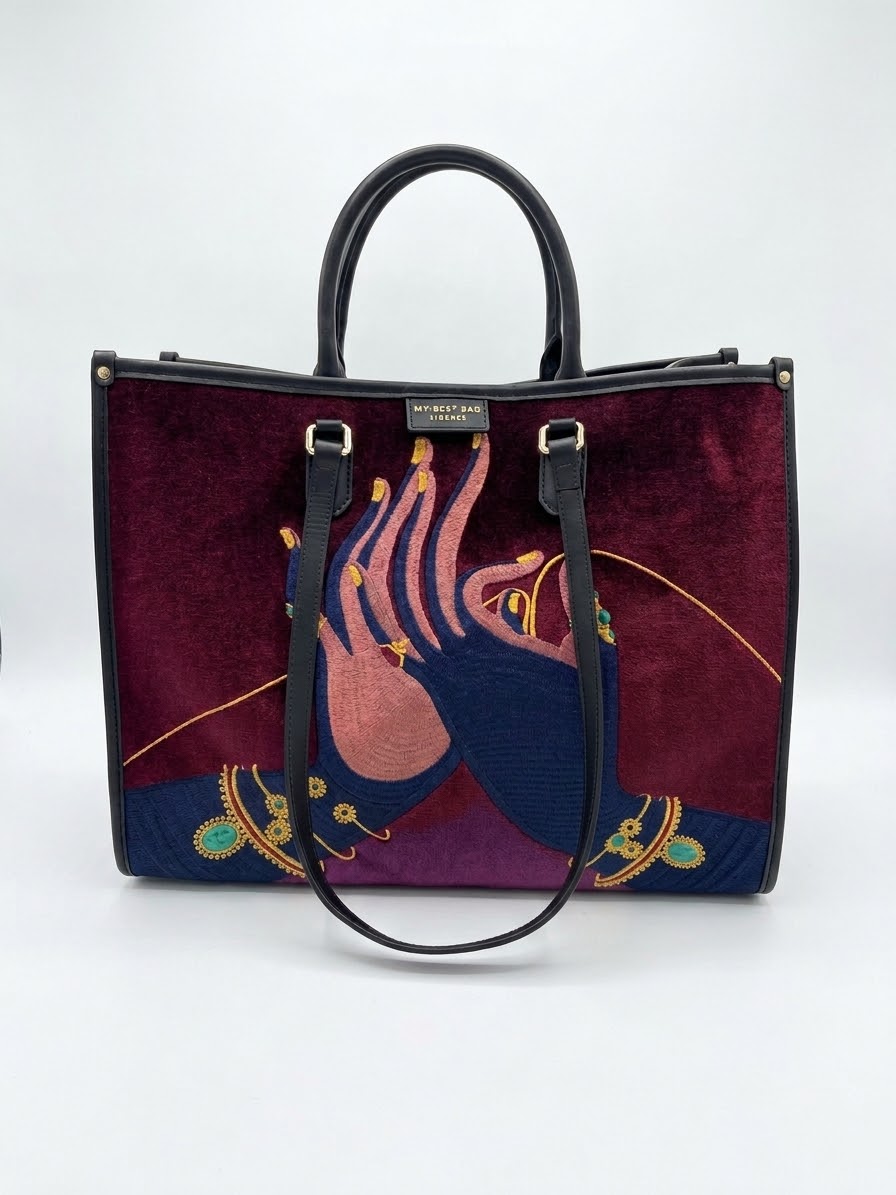 Borsa Grande in Pelle e Velluto con Ricamo
