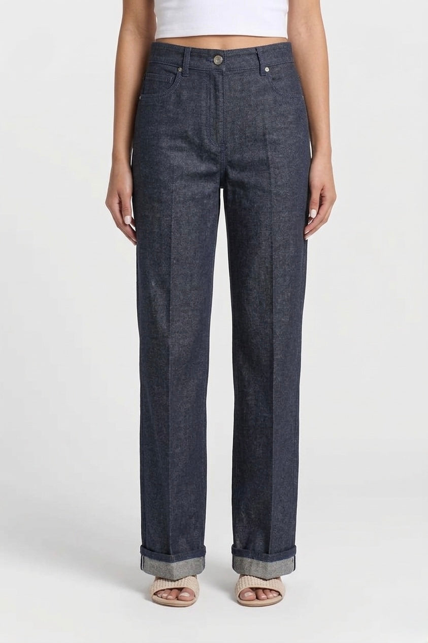 Jeans Cotone e Lino Con Risvolto