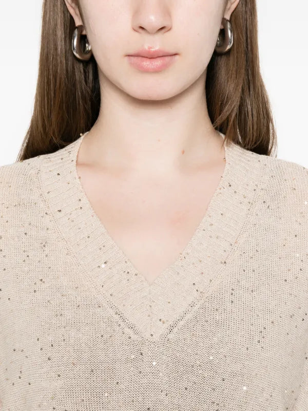 Maglia In Filo Cotone e Lino Con Scollo V