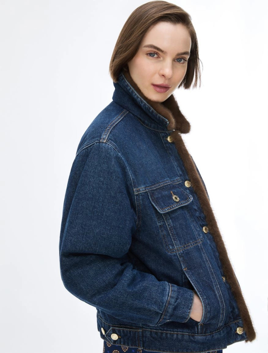 Giubbotto In Denim Imbottito e Dettagli In Eco-Pelo