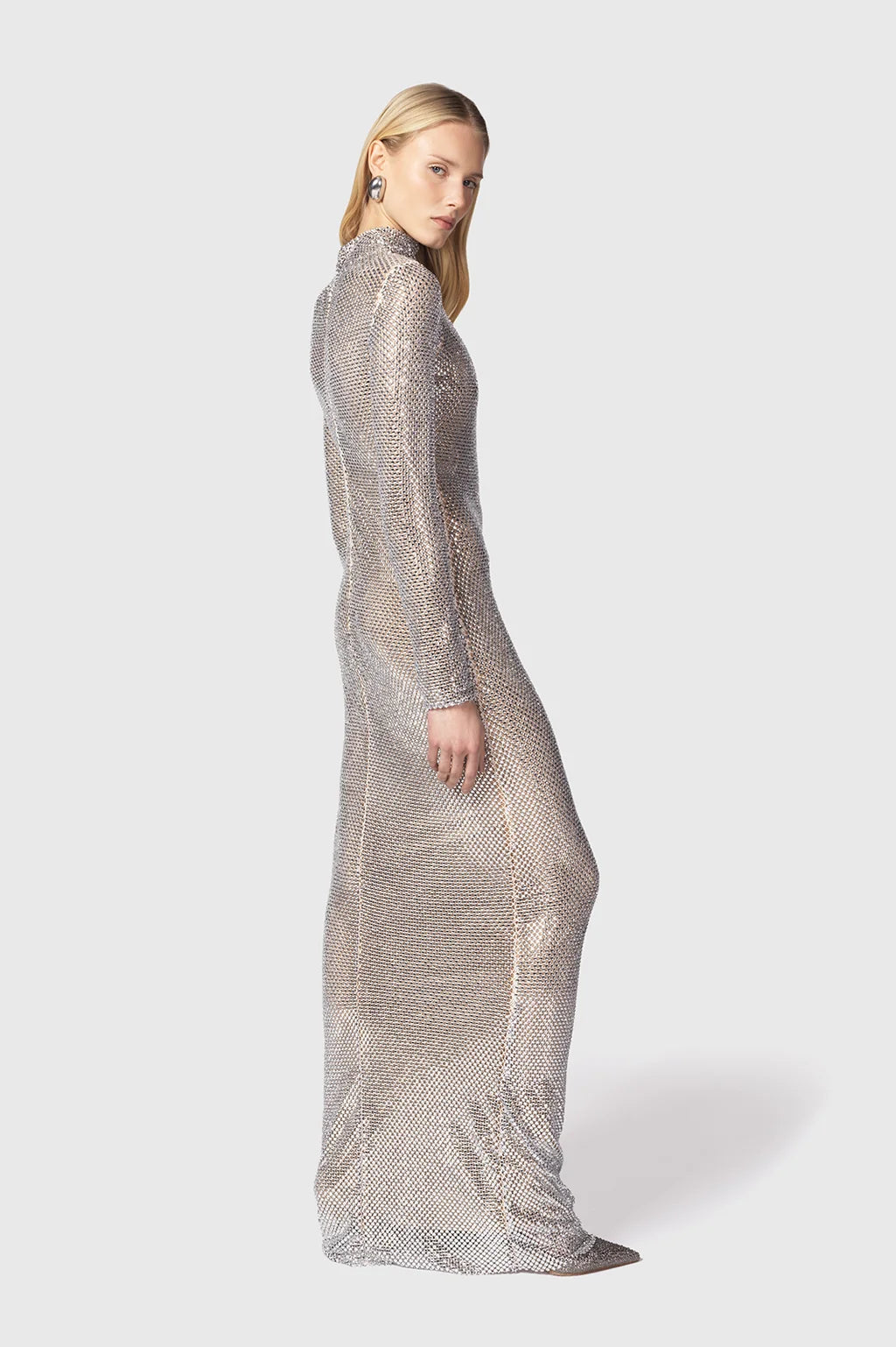 Abito a Manica Lunga Realizzato in Tulle Ricoperto di Strass