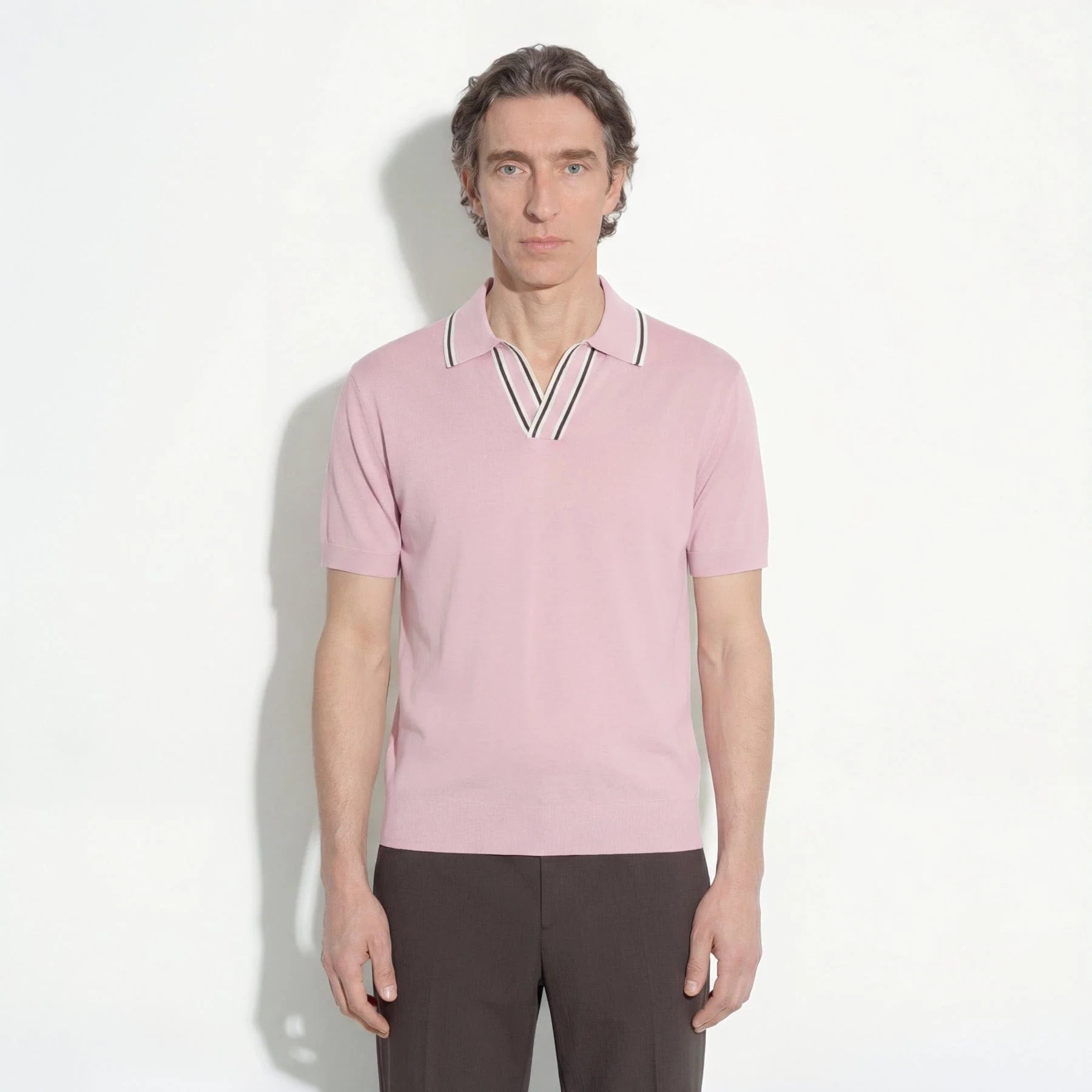 Polo In Seta e Cotone Con Collo a Contrasto