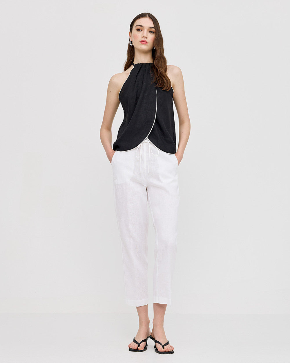Pantaloni con cintura elastica effetto lino